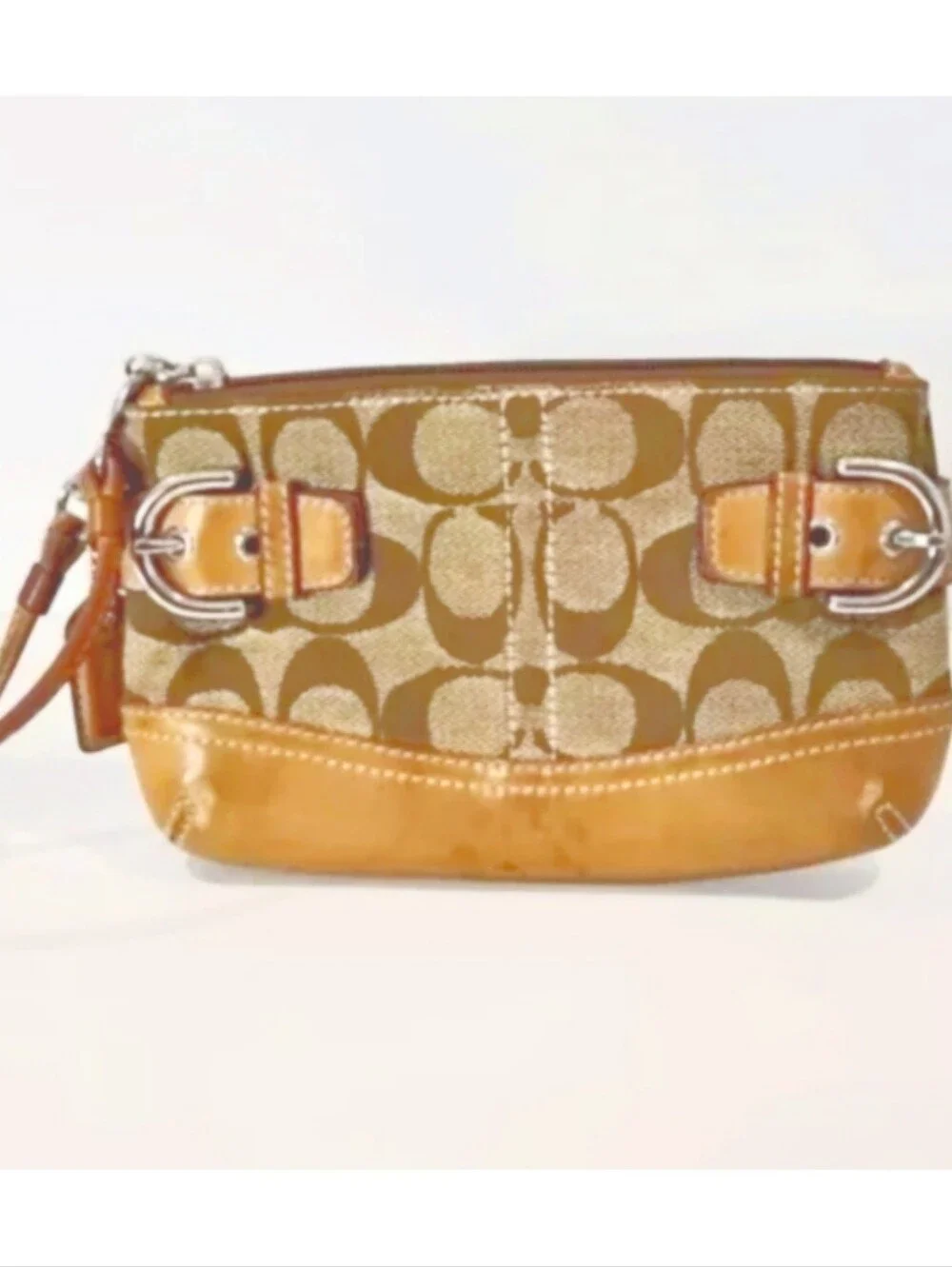 Coach Buckle Signature Canvas And Vachetta Leather Wristlet
